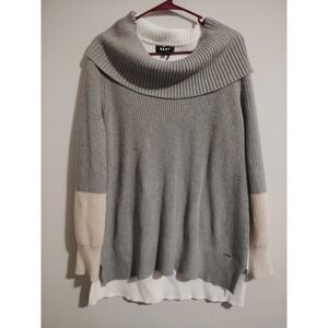 DKNY Womens Colorblock Cowl Neck Ribbed Knit Sweater Grey White Cream Size Large